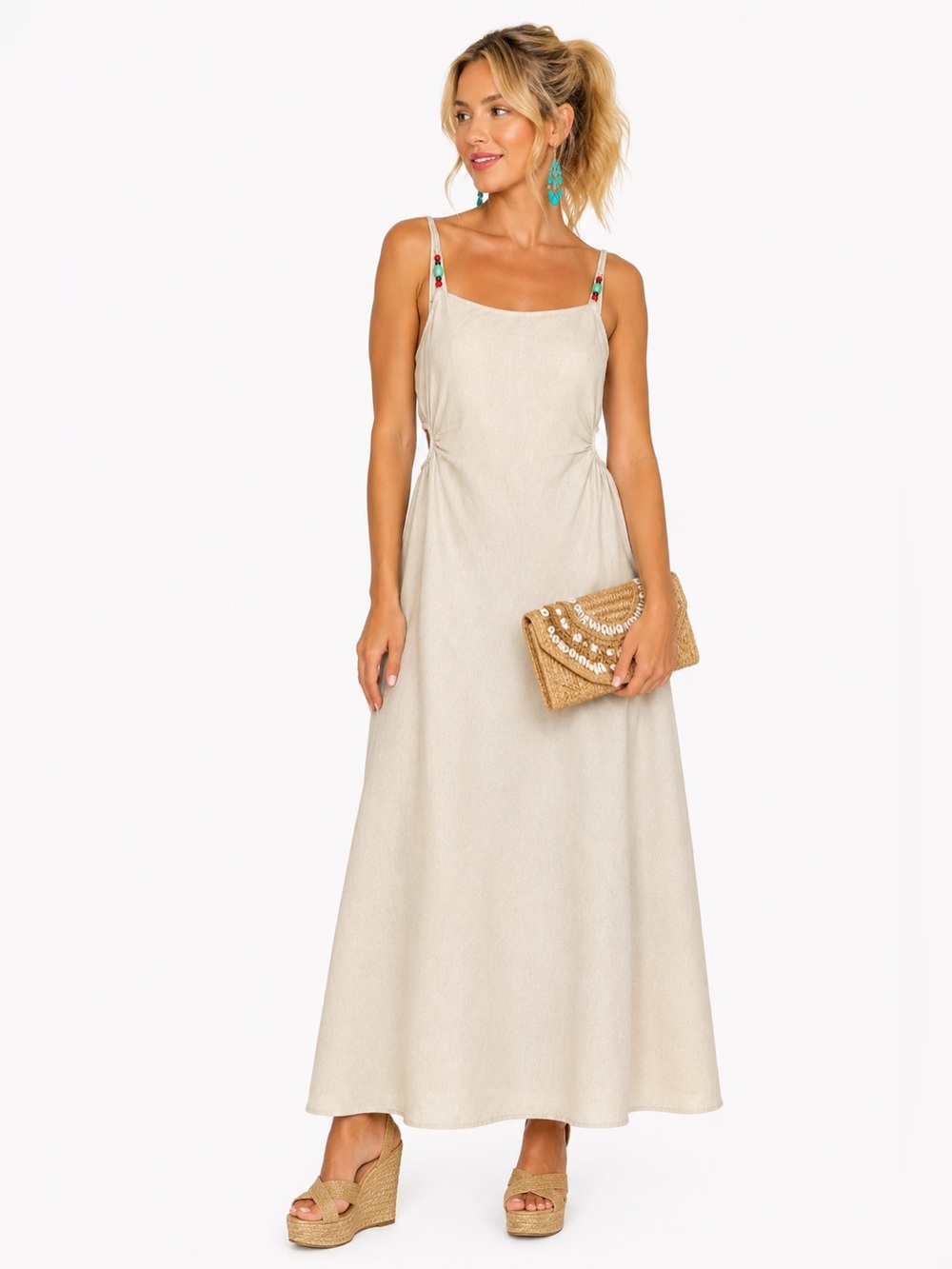 Sharrey Beige Linen Blend Cutout Midi Dress | Beaded Straps | Size L